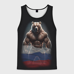 Майка-безрукавка мужская Патриотичный медведь с российским флагом, цвет: 3D-черный
