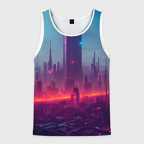 Мужская майка без рукавов Город ночной и неоновый / 3D-Белый – фото 1