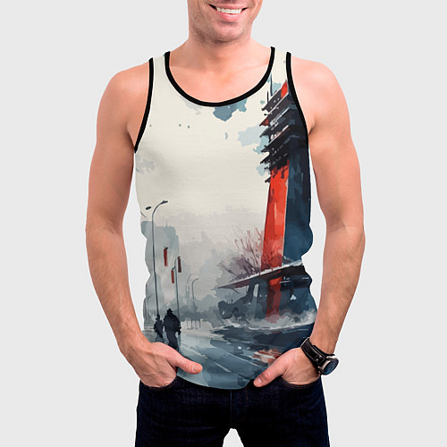 Мужская майка без рукавов Наш город - коллекция Бело-сине-красный - Хуф и Ся / 3D-Черный – фото 3
