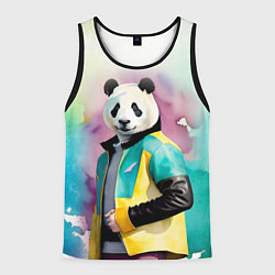 Майка-безрукавка мужская Прикольный панда в модной куртке, цвет: 3D-черный