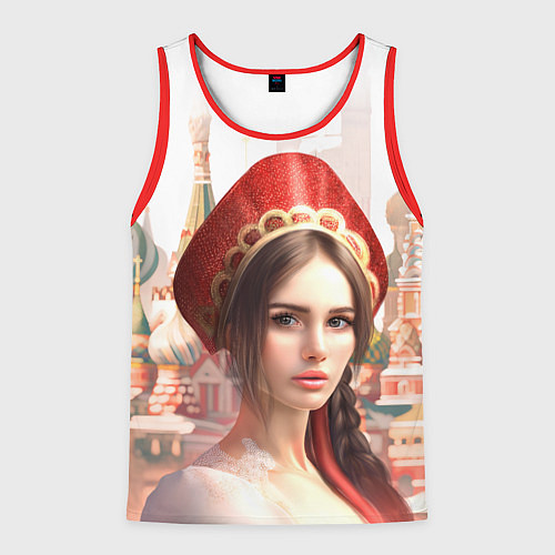 Мужская майка без рукавов Девушка в кокошнике с косой - кремль / 3D-Красный – фото 1