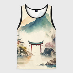 Майка-безрукавка мужская Японский пейзаж - акварель, цвет: 3D-черный