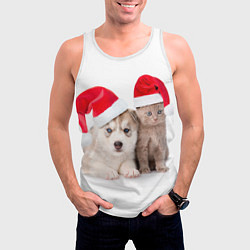Майка-безрукавка мужская Пёсик и котик в шапочках, цвет: 3D-белый — фото 2
