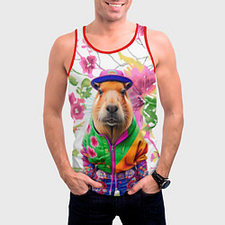 Майка-безрукавка мужская Капибара в модной куртке - нейросеть, цвет: 3D-красный — фото 2