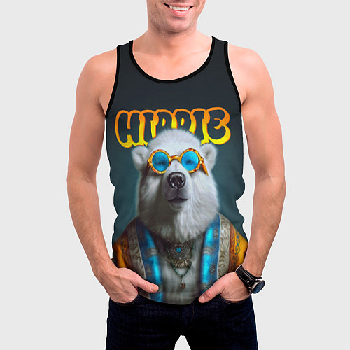Мужская майка без рукавов Хиппи белый медведь / 3D-Черный – фото 3