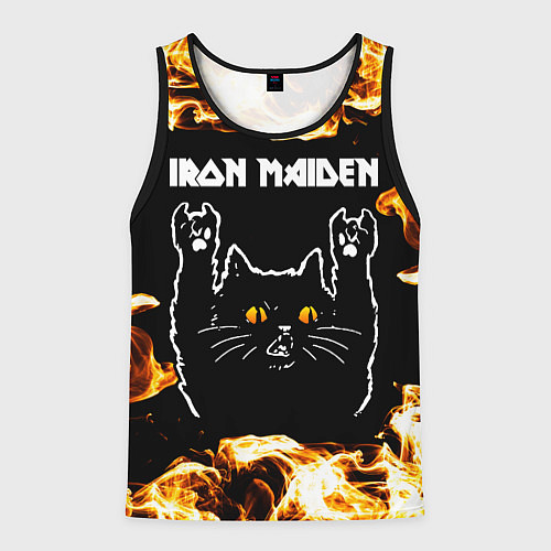 Мужская майка без рукавов Iron Maiden рок кот и огонь / 3D-Черный – фото 1