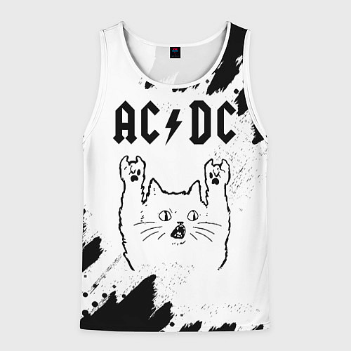 Мужская майка без рукавов AC DC рок кот на светлом фоне / 3D-Белый – фото 1