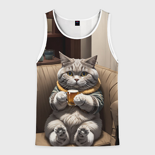 Мужская майка без рукавов Кот сидит на диване с напитком / 3D-Белый – фото 1