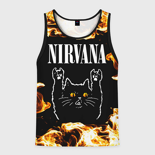 Мужская майка без рукавов Nirvana рок кот и огонь / 3D-Черный – фото 1