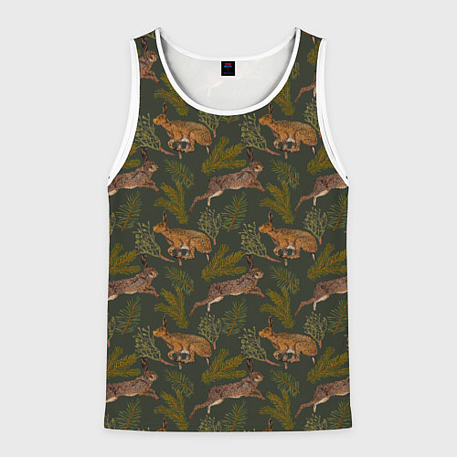 Мужская майка без рукавов Зайцы в еловых веточках / 3D-Белый – фото 1