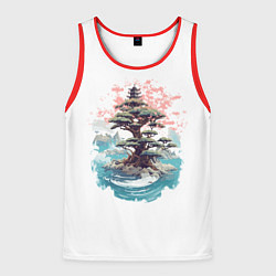 Майка-безрукавка мужская Японское дерево и пагода в море, цвет: 3D-красный