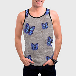 Майка-безрукавка мужская Газетные обрывки и синие бабочки, цвет: 3D-черный — фото 2
