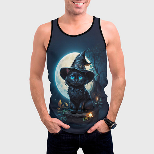Мужская майка без рукавов Кот ведьмы - Хэллоуин / 3D-Черный – фото 3