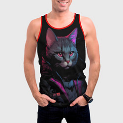 Майка-безрукавка мужская Кот в стиле киберпанк, цвет: 3D-красный — фото 2