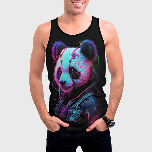 Мужская майка без рукавов Панда в красках киберпанк / 3D-Черный – фото 3