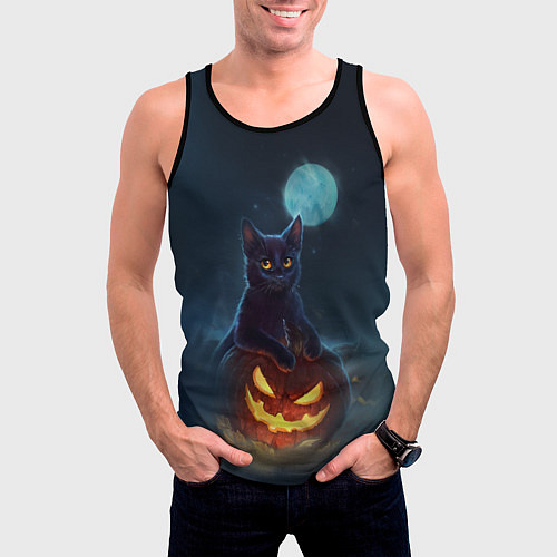 Мужская майка без рукавов Кот с тыквой - хэллоуин / 3D-Черный – фото 3