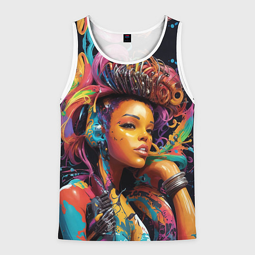 Мужская майка без рукавов Красивая киберпанк девушка и яркие краски в стиле / 3D-Белый – фото 1