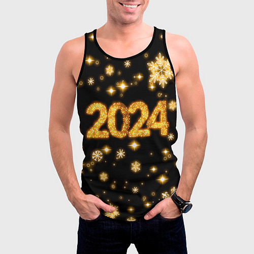 Мужская майка без рукавов Новый 2024 год - золотые снежинки / 3D-Черный – фото 3