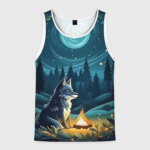 Мужская майка без рукавов Волк у костра в стиле фолк-арт / 3D-Белый – фото 1