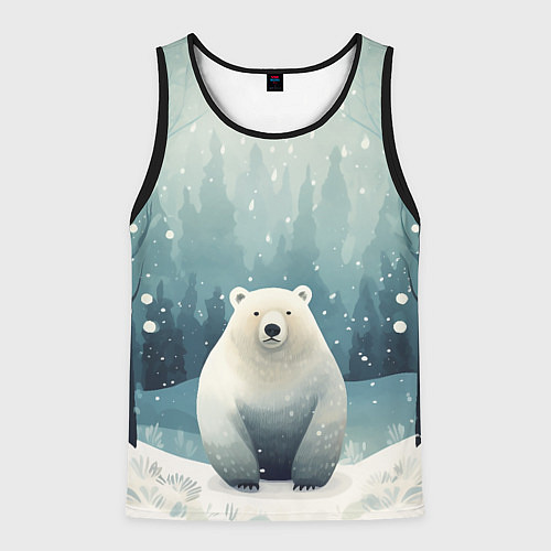 Мужская майка без рукавов Мишка в зимнем лесу в стиле фолк-арт / 3D-Черный – фото 1