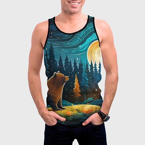 Мужская майка без рукавов Хозяин тайги: медведь в лесу / 3D-Черный – фото 3