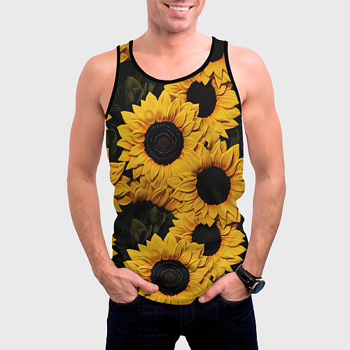 Мужская майка без рукавов Подсолнухи объемными мазками от нейросети / 3D-Черный – фото 3