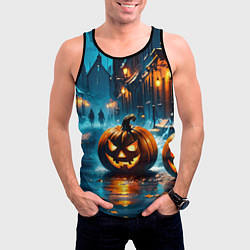 Майка-безрукавка мужская Темная ночная улица и жуткие тыквы, цвет: 3D-черный — фото 2