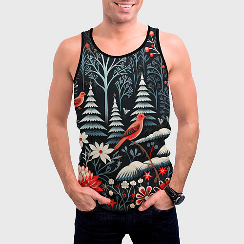Мужская майка без рукавов Новогодний лес и птицы / 3D-Черный – фото 3