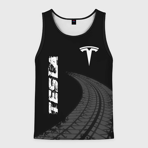 Мужская майка без рукавов Tesla speed на темном фоне со следами шин вертикал / 3D-Черный – фото 1
