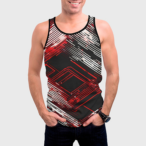 Мужская майка без рукавов Киберпанк линии белые и красные / 3D-Черный – фото 3