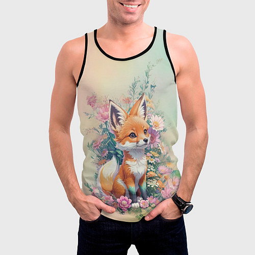 Мужская майка без рукавов Милый лисёнок в цветах / 3D-Черный – фото 3