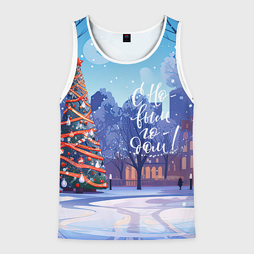 Мужская майка без рукавов С новым годом зимний пейзаж / 3D-Белый – фото 1