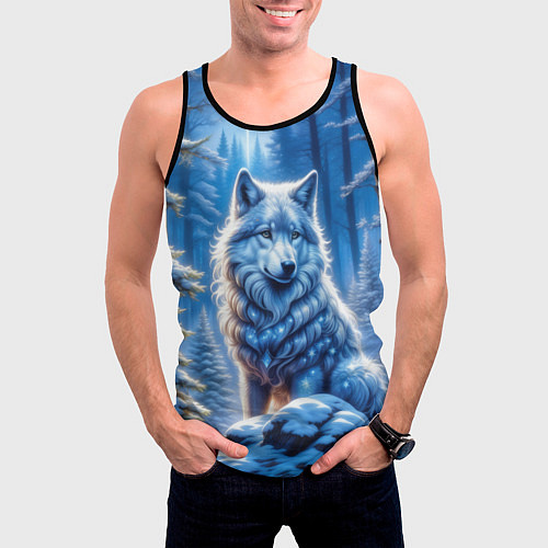 Мужская майка без рукавов Волк в зимнем ночном лесу / 3D-Черный – фото 3