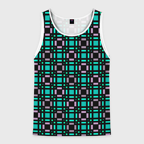Мужская майка без рукавов Зелено-сиреневый с черный клетчатый узор / 3D-Белый – фото 1