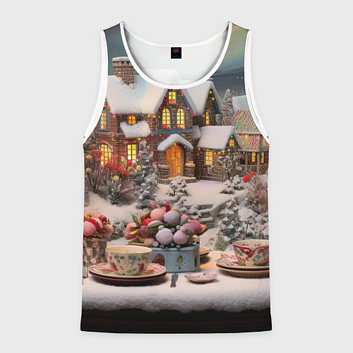 Мужская майка без рукавов Объемные новогодние домики / 3D-Белый – фото 1