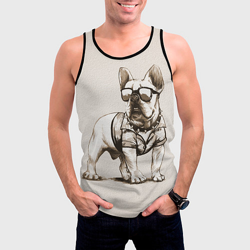 Мужская майка без рукавов Французский бульдог в очках и рубашке / 3D-Черный – фото 3