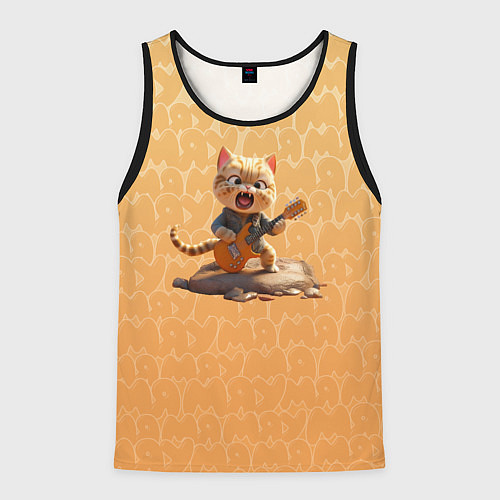 Мужская майка без рукавов Рыжий кот с гитарой / 3D-Черный – фото 1