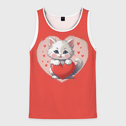 Майка-безрукавка мужская Мультяшный котенок держит красное сердечко, цвет: 3D-белый