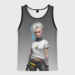 Майка-безрукавка мужская Блондинка в белой футболке Cyberpunk 2077, цвет: 3D-черный
