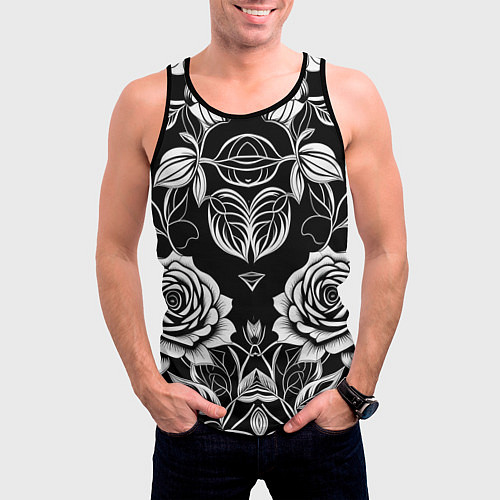 Мужская майка без рукавов Чёрно белые узоры роза / 3D-Черный – фото 3