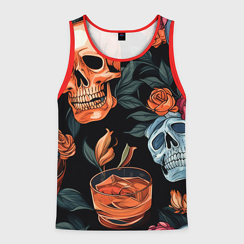 Мужская майка без рукавов Кусты черепов с розами и пионами / 3D-Красный – фото 1