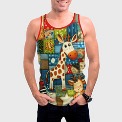 Майка-безрукавка мужская Жираф и компания - пэчворк нейросеть, цвет: 3D-красный — фото 2
