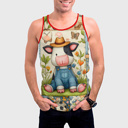 Майка-безрукавка мужская Прикольный телёнок и его друзья - пэчворк, цвет: 3D-красный — фото 2