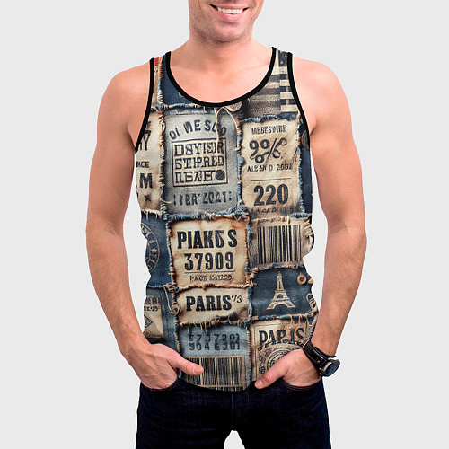 Мужская майка без рукавов Пэчворк джинсы из Парижа / 3D-Черный – фото 3