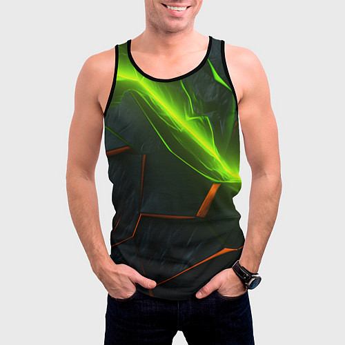 Мужская майка без рукавов Green neon abstract geometry / 3D-Черный – фото 3