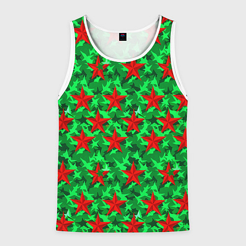 Мужская майка без рукавов Красные звезды победы на зеленом камуфляже / 3D-Белый – фото 1