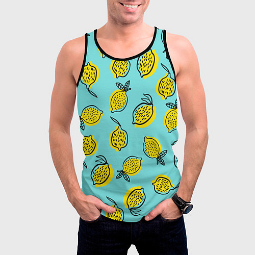 Мужская майка без рукавов Летние лимоны - паттерн / 3D-Черный – фото 3