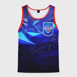 Майка-безрукавка мужская Герб России на синей абстракции, цвет: 3D-красный