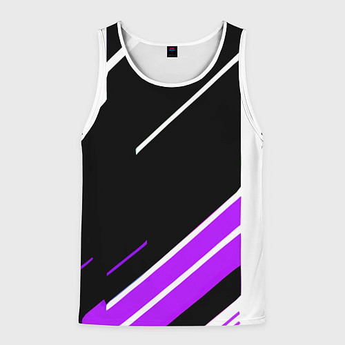 Мужская майка без рукавов Бело-фиолетовые полосы на чёрном фоне / 3D-Белый – фото 1