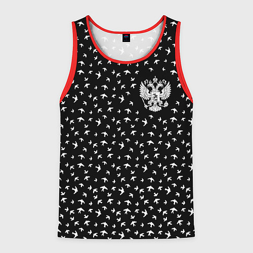 Мужская майка без рукавов Герб РФ и ласточки на чёрном / 3D-Красный – фото 1